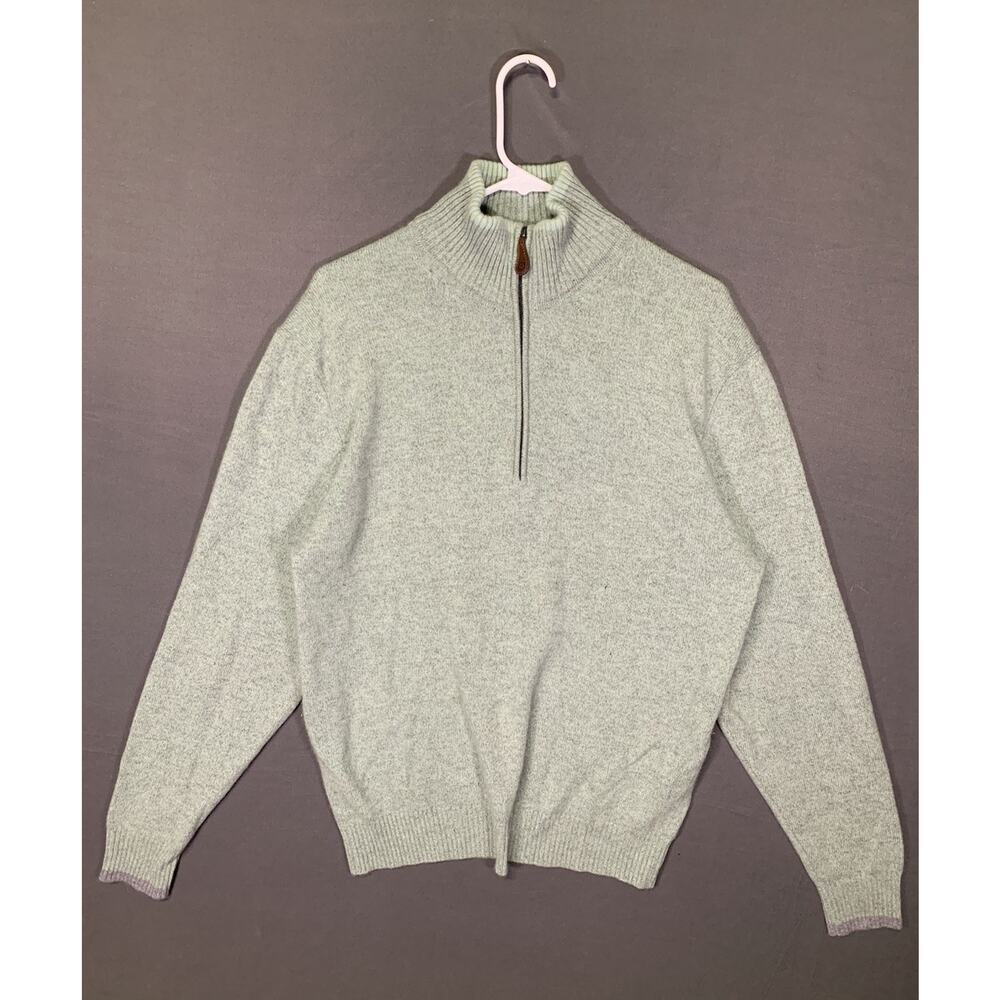 BORN 100% Cashmere Quarter Zip Green/Gray Sweater With Elbow Pads Sz Large